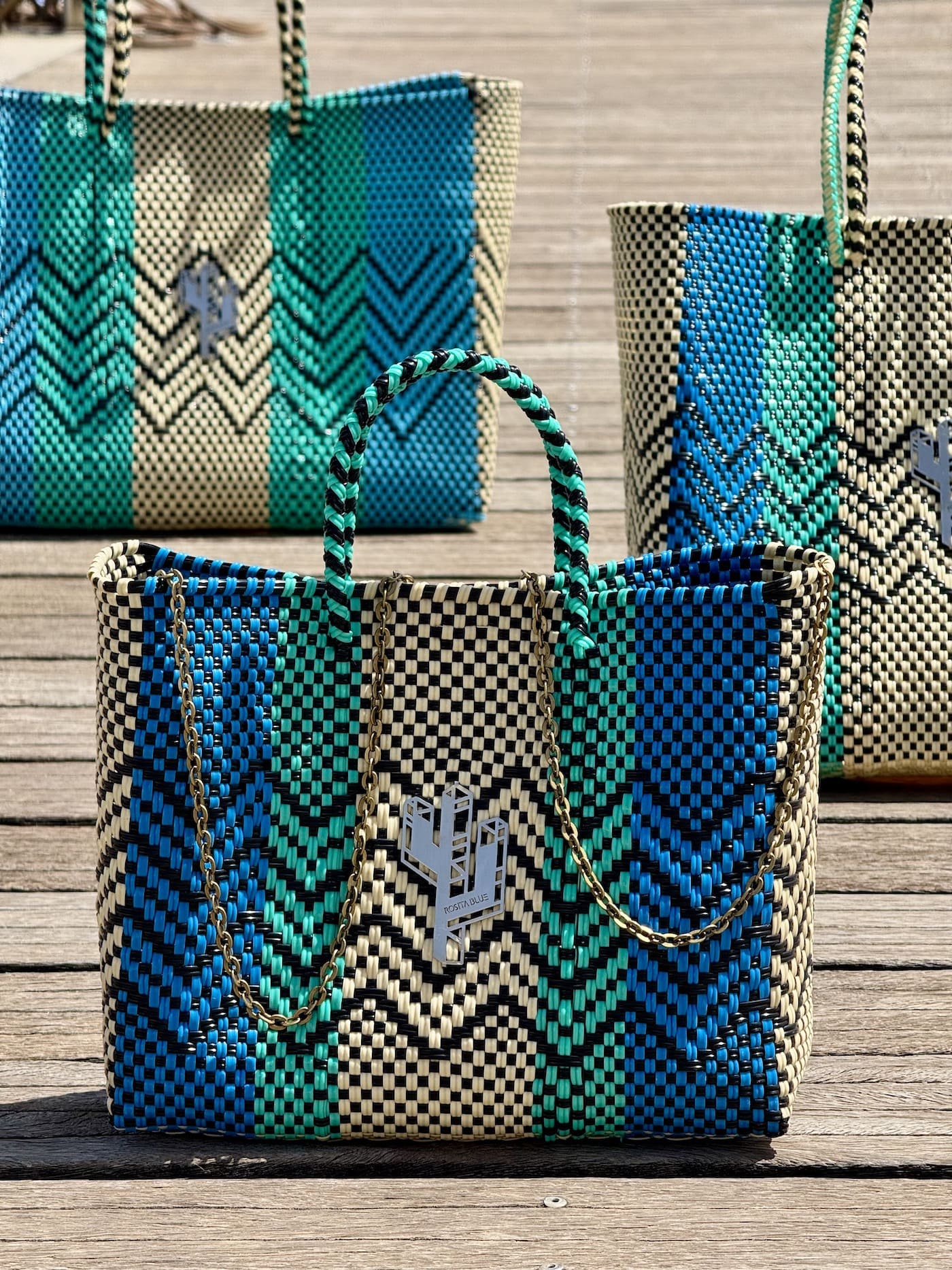 Cancun Beige-Turquoise-Blue Small Tote