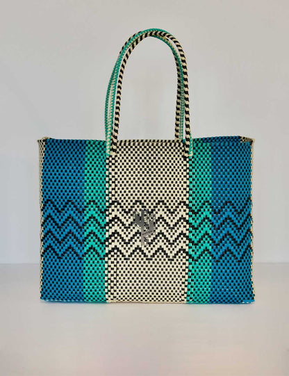 Cancun Beige-Turquoise-Blue Large Tote