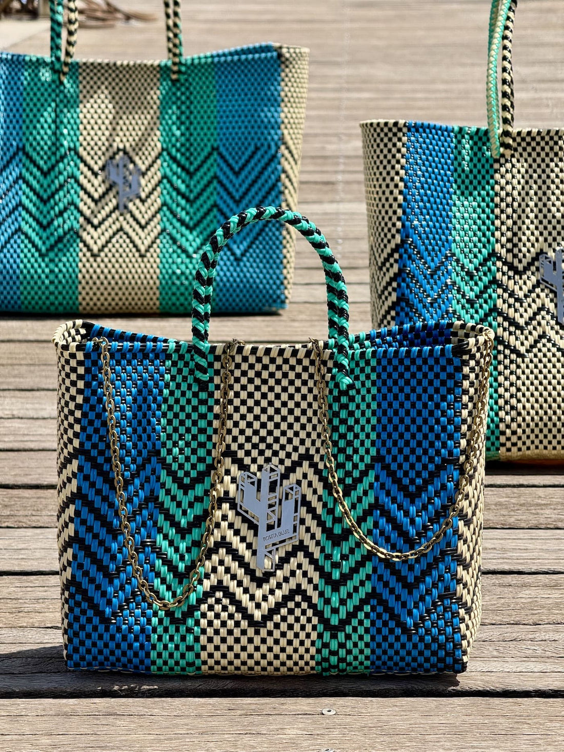 Cancun Beige-Turquoise-Blue Small Tote