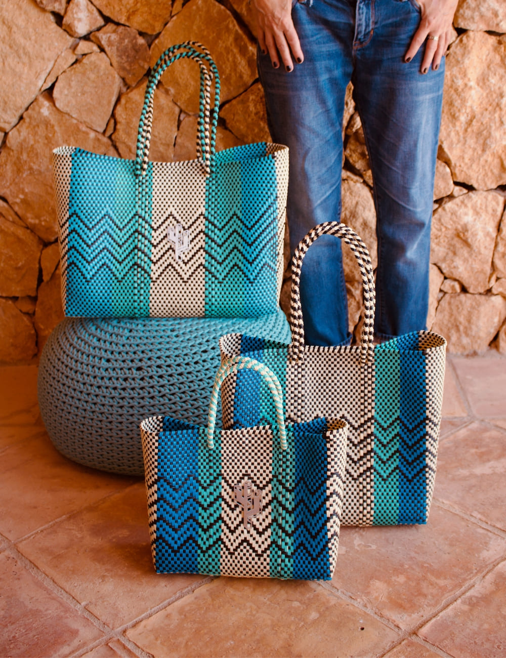 Rosita Blue - Cancun Beige-Turquoise-Blue Tote Sizes