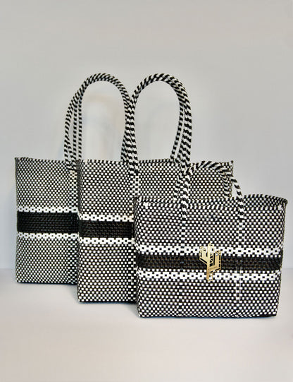 Rosita Blue - Puebla White-Black Tote Sizes
