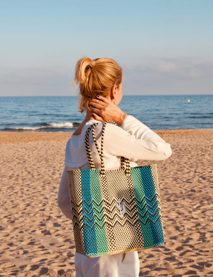 Cancun Beige-Turquoise-Blue Medium Tote