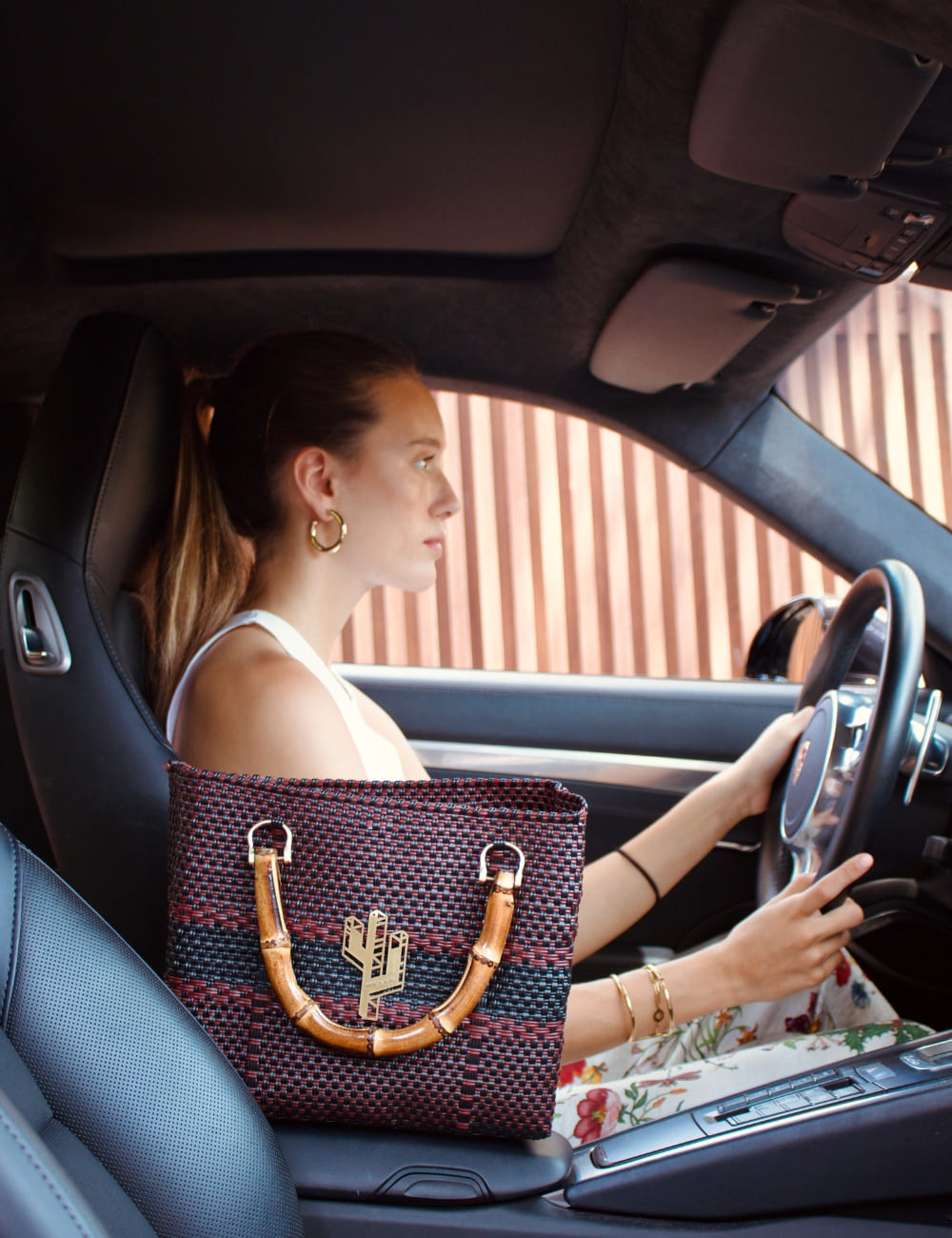 Stella Bamboo Black-Burgundy Small Tote